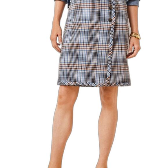 Talbots A-Line Skirt Women Size 10 Blue/Brown Windy Plaid Faux Wrap Knee Length - Picture 1 of 12